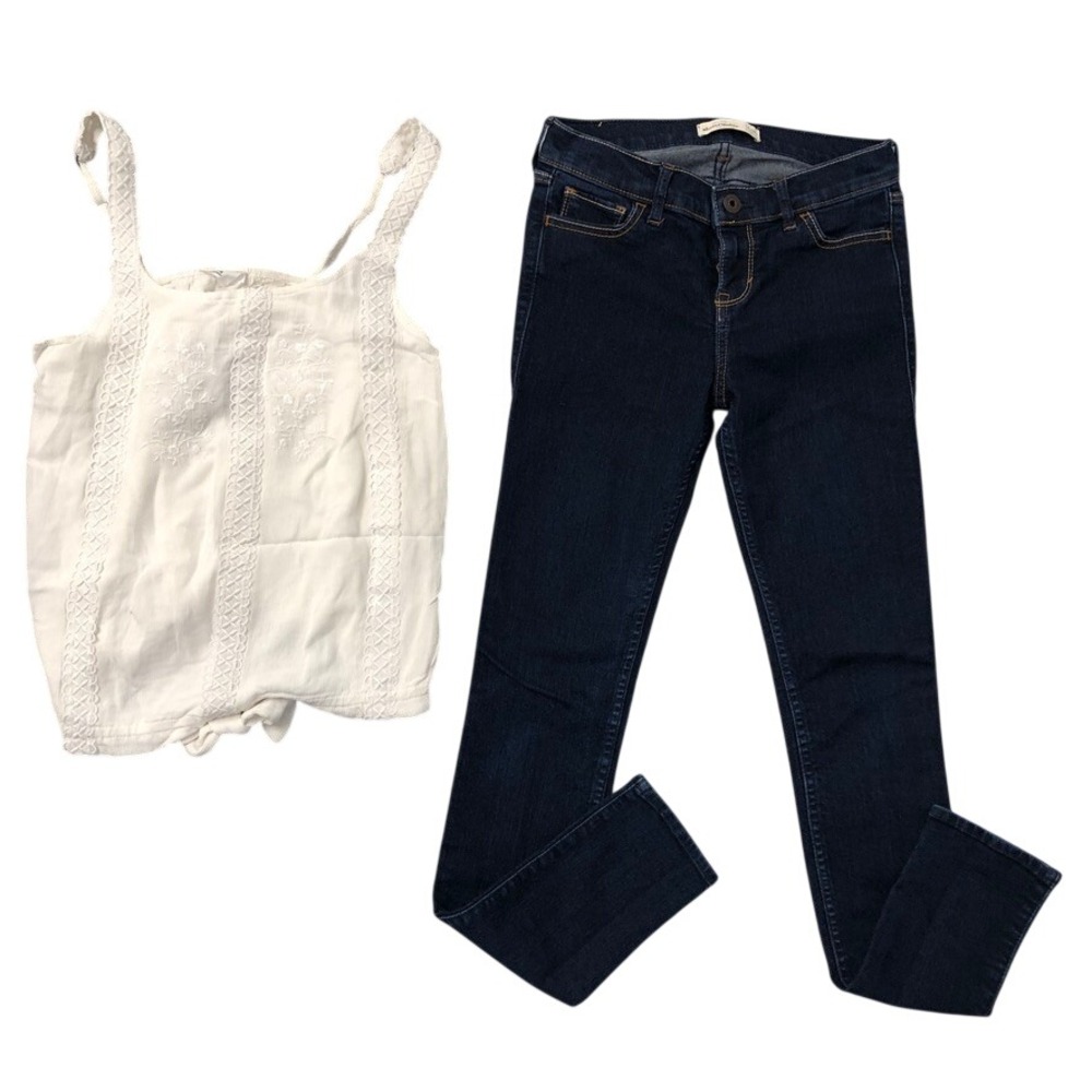 Abercrombie Kids Outfit Girls 13/14 Kids White Embroidered Top Dark Wash Jeans